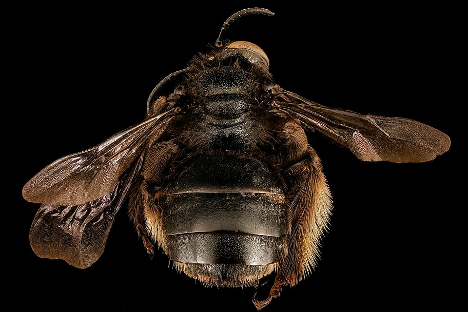 Female two-spotted longhorn bee viewed from above, with a black body, pale leg hairs and pale patches near the base of its abdomen